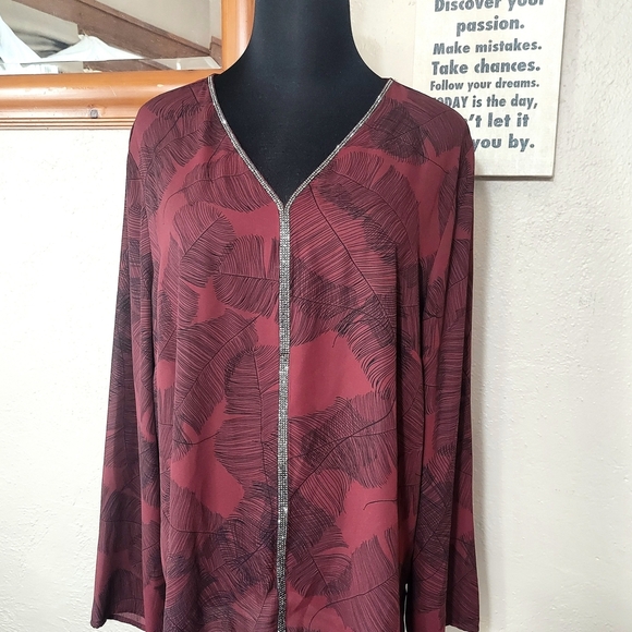 Liz Claiborne Tops - Liz Claiborne Deep Wine Sheer Leaf-Print Open Front Top with Rhinestone Trim XL